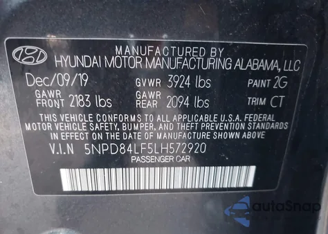 2020 Hyundai Elantra Sel z USA, uszkodzony, nr VIN 5NPD84LF5LH572920